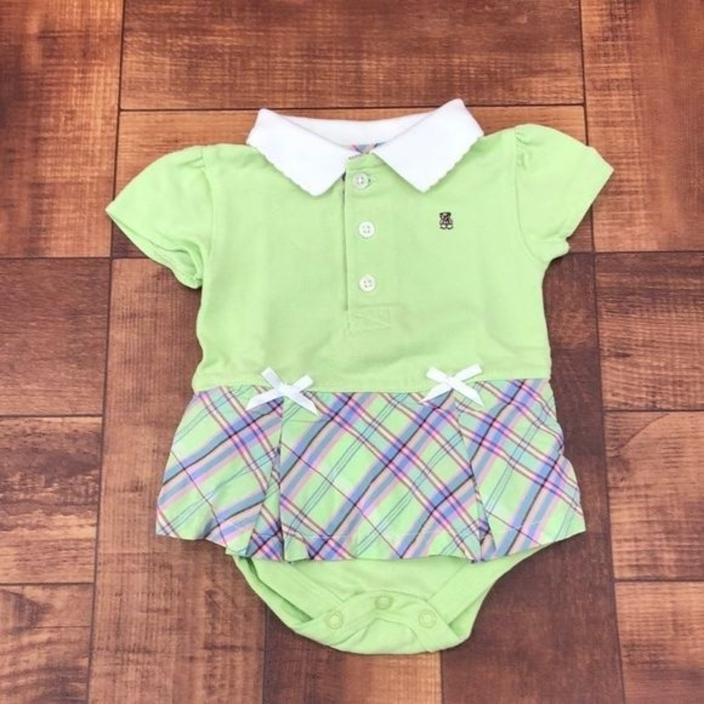 George Baby Organic Preppy Polo Skirt One Piece Body Suit Size 0-3 Green Plaid